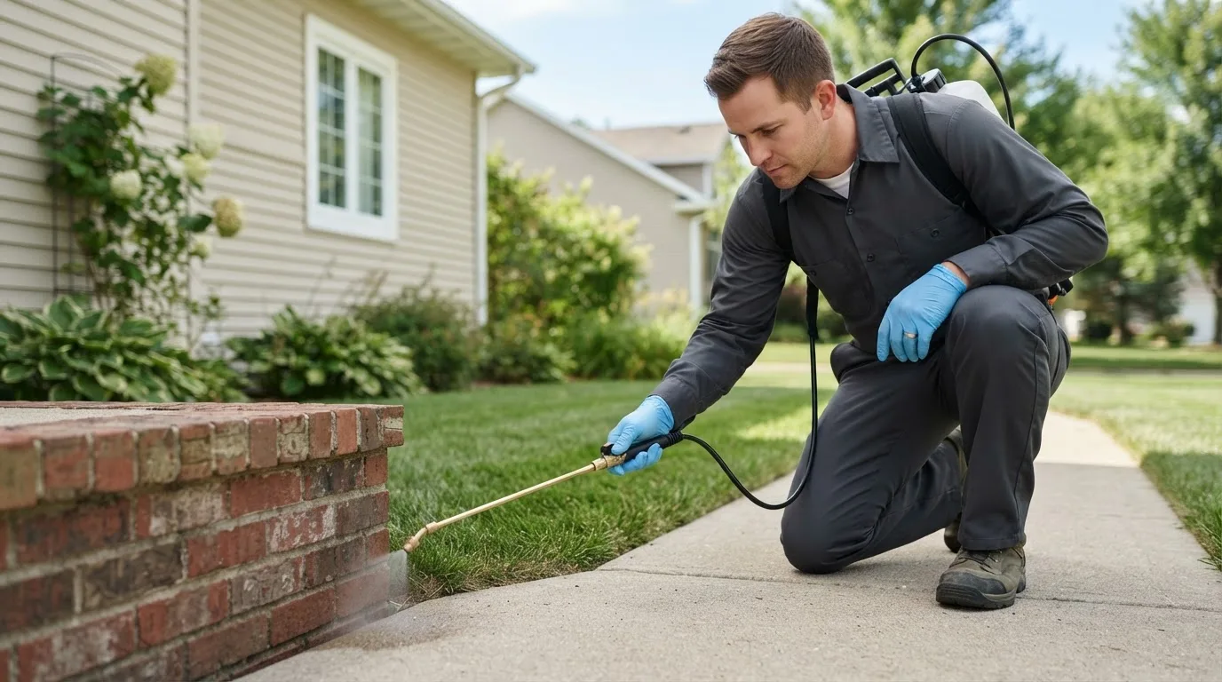 Pest control technician treating a home near Lochgelly, WV